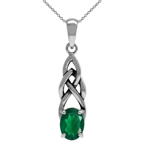 Silvershake 1.12ct. Natural Emerald Green Agate 925 Sterling Silver Celtic Knot Pendant with 18 Inch Chain Necklace