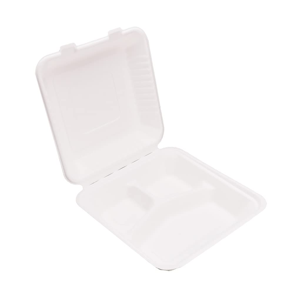 White Ecoflavour Disposable Strong Clamshell Takeaway Containers - 9X9 Inches 3 Compartments - Set Of 100 - Biodegradable, Compostable, Recyclable Bagasse Food Containers/Lunch Boxes