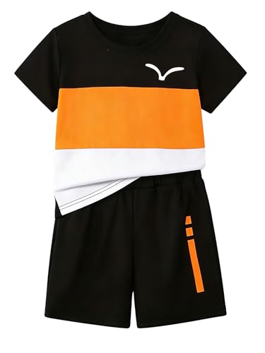 Image of Yoxindax Toddler Kid Boy Clothes Colorblock Letter Graphic Tee Shorts 2PC Summer Outfit Set