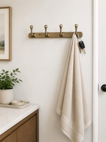 Image of ELUVIA Zinc Alloy 4 Hook Wall Hook Rail, Heavy Duty Wall Mounted Coat Hook for Clothes, Towels, Keys & Bags, Antique Brass Finish, Pack of 2, Bathroom Kitchen Bedroom Organizer