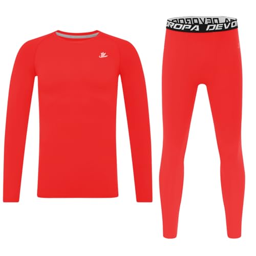 DEVOROPA Youth Boys Compression Shirts & Pants Kids Long Sleeve Undershirts Sports Leggings Athletic Base Layer Tights Set Red M