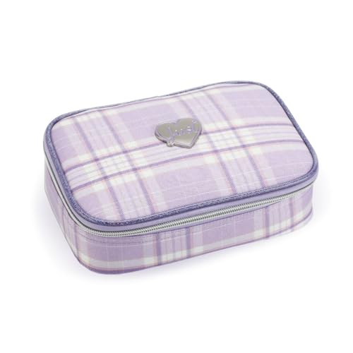 Estojo Escolar Lilás Xadrez Divisórias Volta as Aulas Fofo Colorido Pastel Box Lápis Caneta Zíper