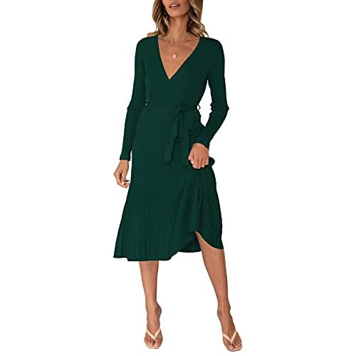 Pink Queen Women's Wrap Sweater Dress V Neck Long Sleeve Ribbed Swing Knit Midi Dresses with Belt Large Green