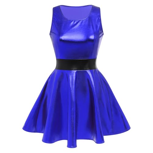 IDOPIP Robe métallique brillante pour femme, sexy, sans manches, mini robe patineuse holographique, fête, rave, danse, club, costume d'Halloween, bleu royal, Taille M