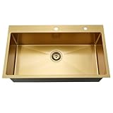 Jshozzy 33 Inch Gold Drop in Kitchen Sink, 33 x 19 Single Bowl Top Mount 16 Gauge Stainless Steel Gold Kitchen Sink with Drain Strainer