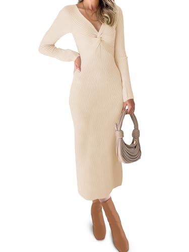 RAISECOM Womens Ribbed Knit Maxi Dresses Long Sleeve V Neck