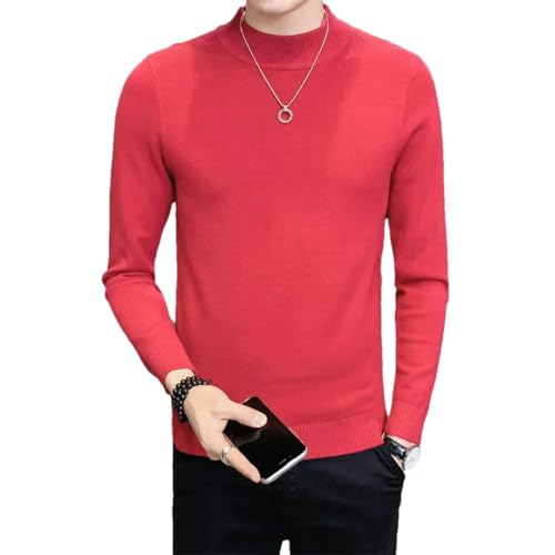 Dcvmvmn Men's Autumn/Winter Half High Collar Solid Sweater Men's Slim Fit Pullover Sweater Rose Red
