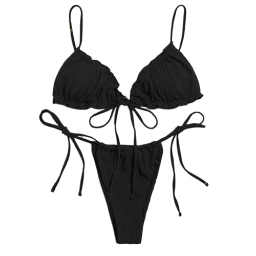 Gyios bañador Conjunto De Bikini Triángulo Costillas Rojas Las Mujeres, Traje Baño Corbata, Dos Piezas para Vacaciones En La Piscina Playa-Black-l