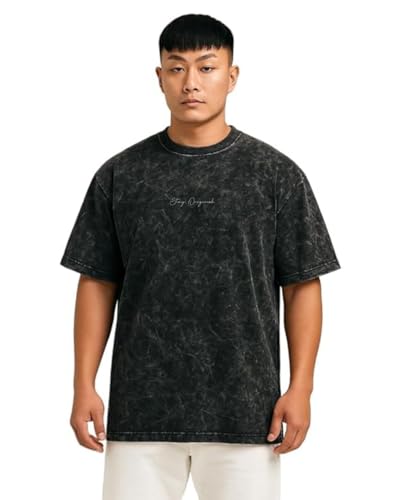 Image of VEL Heavy GSM Pure French Terry Cotton Men's Graphic Print Oversized Fit Half Sleeve Round Neck Cotton Acid Wash Print T-Shirt