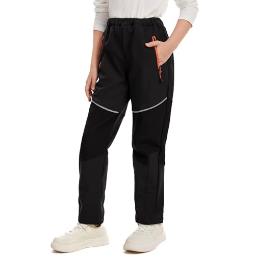 mosingle Waterproof Trousers Kids Fleece Lined Girls Boys Cargo Ski Winter Soft Shell Snow Pants Warm for Walking Outdoor Hiking #1510-Black-S