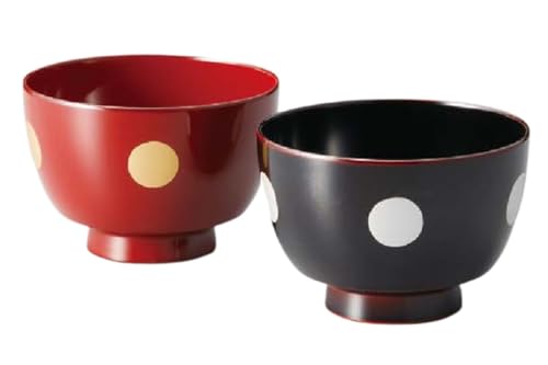 J-kitchens お椀 日本製 ドット 駒型汁椀 溜内黒・吟朱 (2客) 10.7cm 漆塗り 手塗り その壱