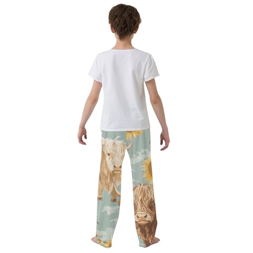 ZZXXB Cow and Sunflowers Boys Long Pants Soft Trousers Elastic Waist Kids Lounge Bottoms with Pockets S-XL3
