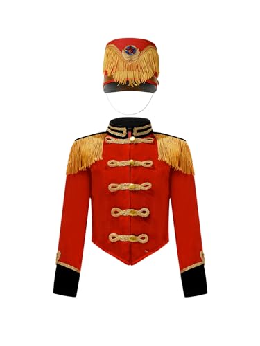 easyforever Kids Girls Boys Drum Major Team Uniform Drummer Performance Outfits Marching Band Tassel Jacket Coat and Hat
