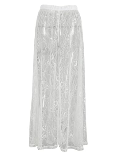 Women's High Waist Straight Pants Casual See Through Lace Wide Leg Trousers3