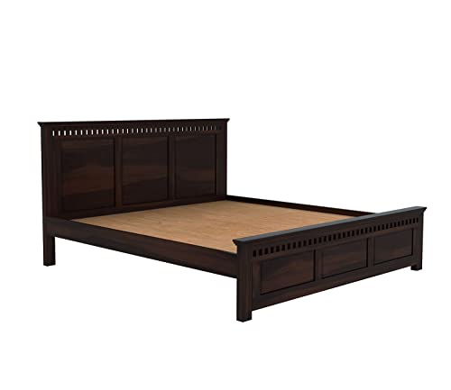 Image of Sheesham Wood King Size Bed Without Storage | Wooden Bed King Size Double Cot Palang Bed for Bedroom | Kuber Design Headboard Bed for Living Room | Walnut Finish