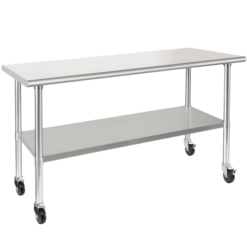 Image of HARDURA Stainless Steel Table with Wheels 24 x 72 Inches Casters NSF Heavy Duty Commercial Work & Prep Table with Undershelf and Galvanized Legs for Restaurant Kitchen Bar and Hotel Garage