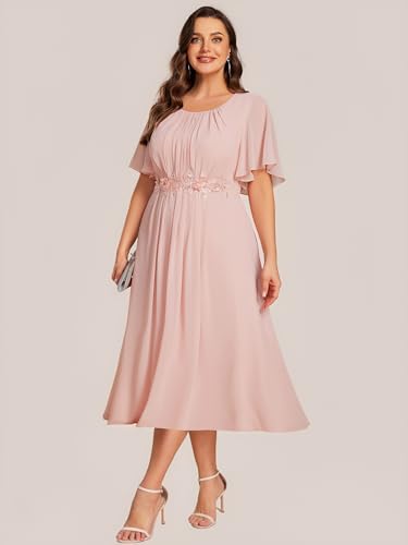 Ever-Pretty Plus Women's Round Neck Short Sleeves Chiffon Appliques Midi A-Line Plus Size Formal Wedding Guest Dresses4