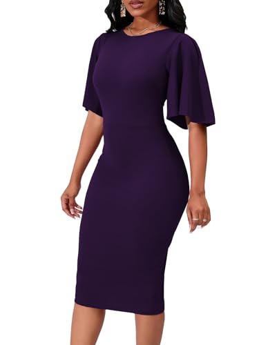Image of WanMem Womens Basic Bodycon Ruffle Flared Short Sleeve Pencil Midi Dress