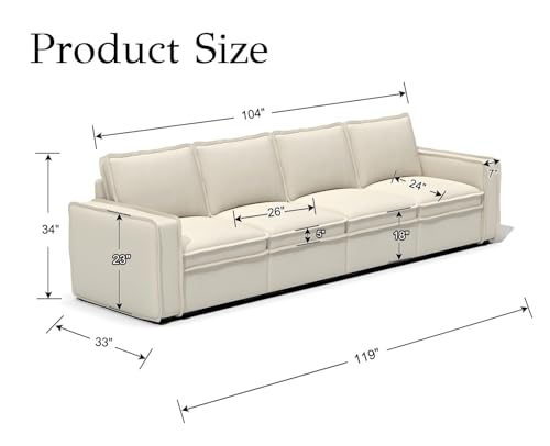 Image of EALSON 119 inch Modular Sectional Sofa Modern Comfy 4-Seater Couch Sofa Linen Fabric Cloud Couches with 24 inch Deep Seat and Wooden Legs for Living Room /Bedroom, White