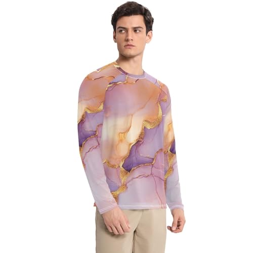 Marble Rose Gold Purple Men's Rash Guard Loose Crew Neck Elasticity Long Sleeve Sun Protection UPF 50+ Water Fishing3