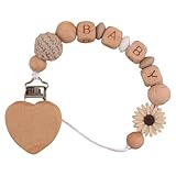 Personalisierte Schnullerband Holz Clip, Schnullerkette mit Namen, Verschiedene Farb-Varianten/Lasergravierte Holzbuchstaben/Schwangerschaft, Geburt, Taufe (Beige)