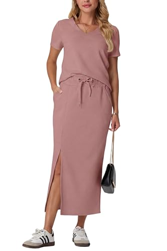 Image of GRECERELLE Women Summer Casual 2 Piece Sets V-Neck Wrinkle-Free Top & Elastic Waist Midi Side Slit Skirt with Pockets