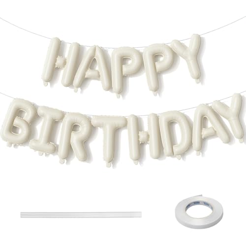 Image of Cream Happy Birthday Balloon Banner, Neutral Beige Happy Birthday Foil Balloon, 16 Inch Ivory White Sand Born Day Bunting Banner Letter Balloons for Men Women Birth Party Decorations Supplies