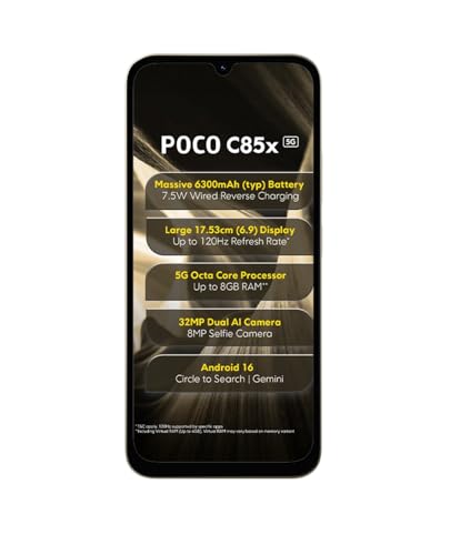 Image of POCO C85x 5G Smartphone, Sunset Gold, 6.9 Inch Display, 32MP Dual AI Camera, 6300mAh Battery, 64GB Storage