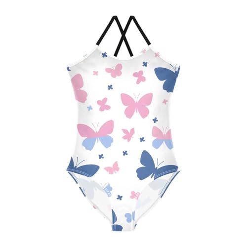 Bolaz Girls Swimsuits One-Piece Bathing Suits Multicolor Kids Sport Summer Beach Swimwear for 3-10 Years Old-Blue Pink and White Butterflies Pattern