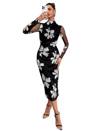 Image of Women's Summer Mesh Sheer Long Sleeve Midi Ruched Bodycon Dress Mock Neck Elegant Evening Party Cocktail Dresses