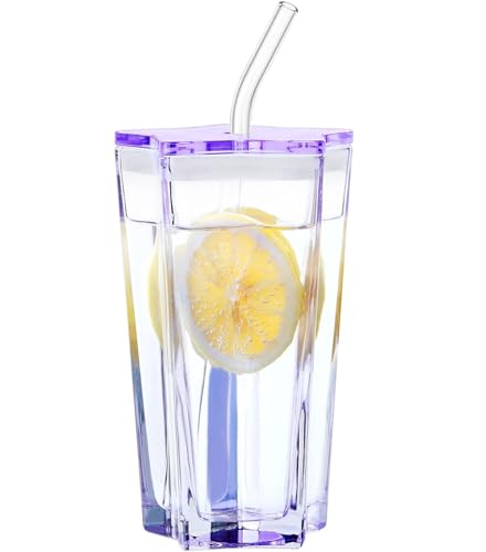 Image of KHOLAD Glass Water Tumbler with Lid and Straw, Transparent Drinking Cup Cute Pentagram Design Color Glass Coffee Sipper Mug for Smoothie Soda Ice Tea (Purple, 350ml, Set of 1)
