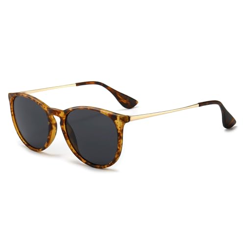 SUNGAIT Vintage Round Sunglasses for Women Girl Classic Retro Designer Style Polarized Grey Lens/Amber Frame SGT567 PGHPKHU AE, One Size