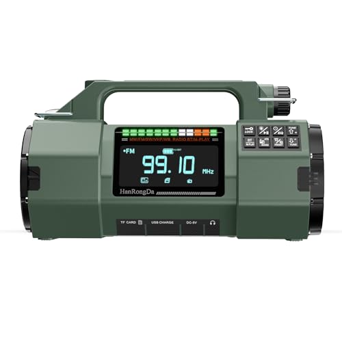 HanRongDa 防災ラジオ, AM/FM/短波/VHF/ワイドFM対応, 4000mAh, ソーラー/手回し/USB-C充電, 懐中電灯/Bluetooth 5.2搭載, 緊急用SOSアラーム付き, HRD-908
