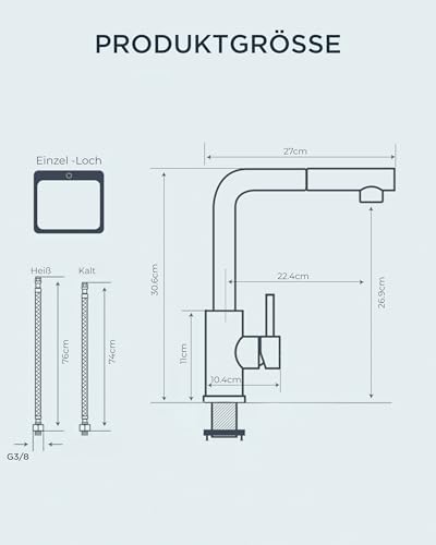 FORIOUS Wasserhahn Küche, Küchenarmatur Ausziehbar mit Brause, Spültischarmatur Küche, L-förmiger Edelstahl Mischbatterie Armatur, Zwei Sprühfunktionen, 360° Schwenkbar