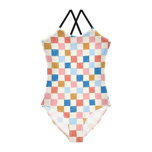 Image of Black and White Chess Girls One Piece Swimsuits Board Marble Tile Sport Halter Swimwear Beach Bathing Suit 3T