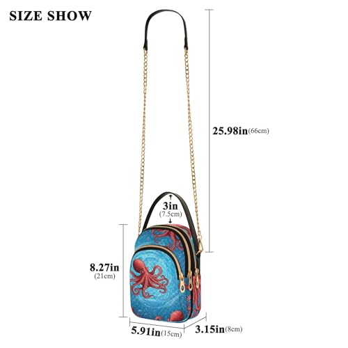 Red Octopus Bubbles Blue Sea Womens Shoulder Handbag Chain Strap Wallet Phone Purse Floral Print Ladies Crossbody Satchel Bag, 5.9" × 8.3" × 3.1"3