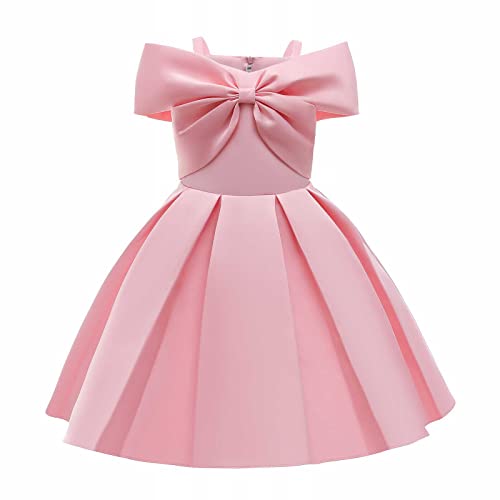 Girls Cold Shoulder Pageant Dress with Large Bow Smocked Waist Tiered Ruched Puffy Dress Elegant Princess Party