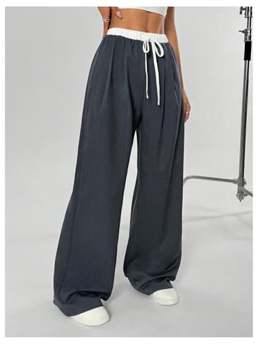 MakeMeChic Women's Elastic Waist Drawstring Colorblock Y2k Baggy Pants Wide Leg Loose Trousers3