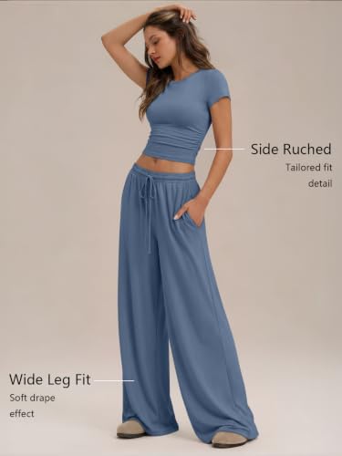 Image of Trendy Queen 2 Piece Matching Summer Lounge Set Womens Side Ruching Top Wide Leg Pants Sets with Pockets