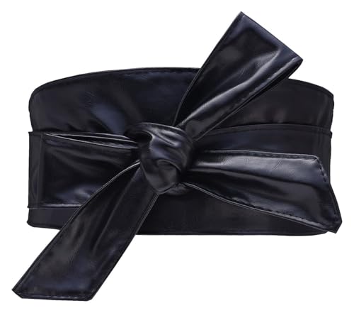 Woman Wide Leather Belt Obi Belt Self Tie Cinch Belt Wrap Around Bowknot Waistband Bright Color For Dress 1 piece(Black)