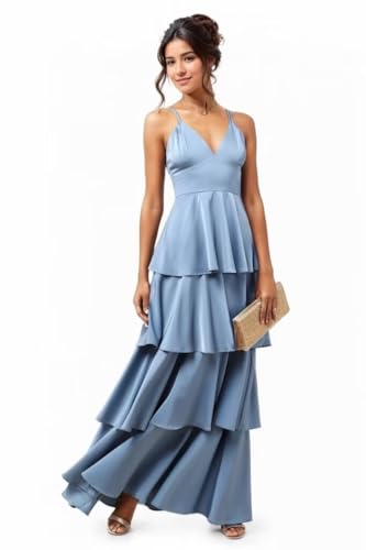Spaghetti Straps V-Neck Bridesmaid Dresses for Wedding Ruffle Pleated Satin Tiered Formal Party Evening Gowns2