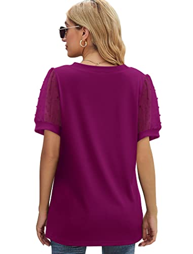 Image of Aokosor Womens Summer Tops V Neck T Shirts Swiss Dot Puff Sleeve Tops Loose Casual Tshirts