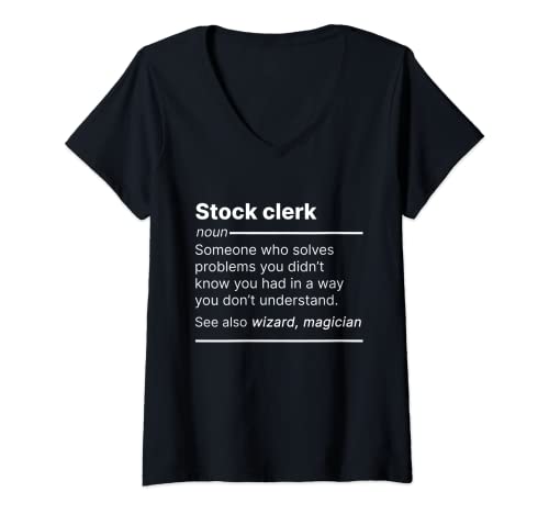 Womens Stock clerk job worker definition funny dictionary text V-Neck T-Shirt