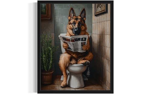 Image of German Shepherd on Toilet Black Framed Wall Art Print Poster, Dog Bathroom Humor Decor Posters Prints for Restroom Home Picture Painting Artwork Gallery 7 (German Shepherd, 14 inchL x 11 inchW, Black Frame)