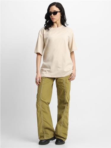Image of JUNEBERRY Pure Cotton Oversized Baggy Fit Half Sleeve Drop Shoulder Plain Solid Round Neck T-Shirt for Women (Available in Black, White, Lilac, Cork, Maroon, Royal Blue, Swan White, Soap Nut Colors)