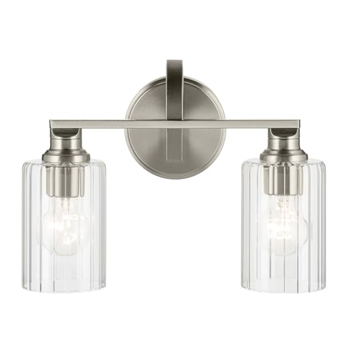 Image of Kichler Gioe 14.25 inch 2-Light Bathroom Vanity Light Fixture with Clear Fluted Glass in Brushed Nickel, Damp Rated for Bathroom Over Mirror (14.25 inch W x 10.5 inch H), 55225NIFLU