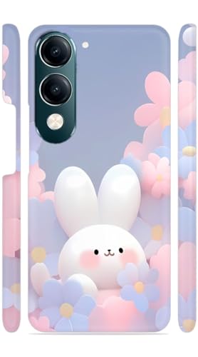 Image of White Bunny Flowers Pink Designer Printed Hard Back Cover for Vivo Y19 5G Attractive and Uniquely Crafted Smartphone Case