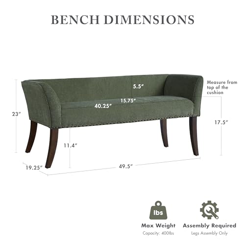 Image of Madison Park Accent Bench, Plush Upholstered, Nailhead Trim, & Padded Seat Entryway Bench Small, End of Bed Bench with Back, 49.5 inch W x 19.25 inch D x 23 inch H, Green