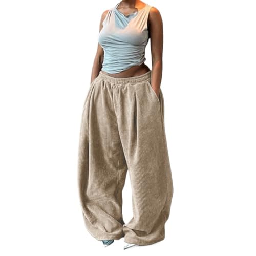 Monkay Women's Corduroy Pants Y2k Vintage Wide Leg Pants Mid Waist Elastic Waist Loose Fit Straight Pockets Trousers