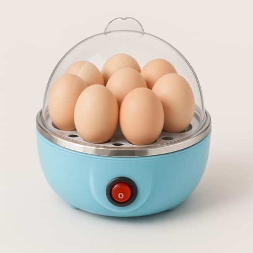 Image of Electric Egg Boiler | 350 Watt | Boils Upto 7 Eggs | Automatic | 3 Boiling Modes | Overheat Protection | Egg Poacher| Stainless Steel Heating Plate, Measuring Cup | 75ml | Plastic | BLUE